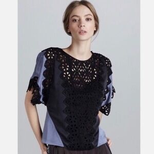 Rebecca Taylor Broderie Anglaise Satin Matte Blue & Black Flutter Sleeve
